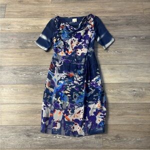 Coquille Japonica Dress Sz 2 Anthropologie Blue Silk Watercolor Draped Neck